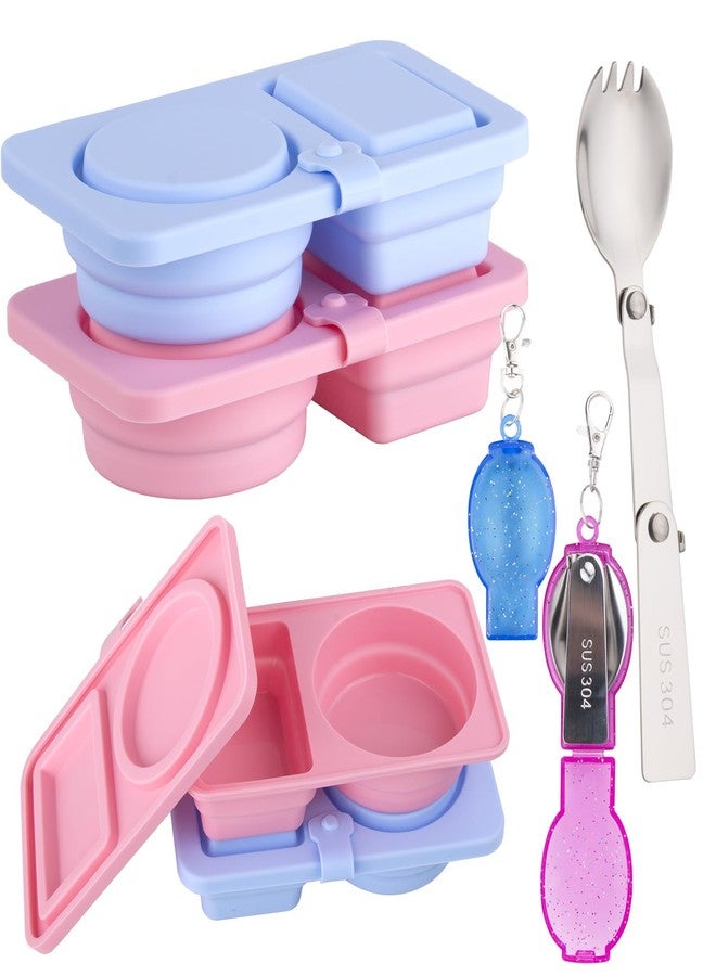 STILTOOL Silicone Snack Containers with Lids, 2Pcs Reusable Snack Pack Containers, 2 Compartment Snack Container, Collapsible with 2 Salad Spoons for Sauces/Fruits/Ice Cream,Portable for Travel/Picnic/Office - Image 1